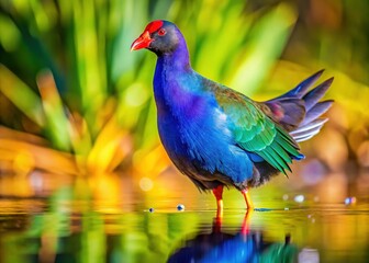 Fototapeta premium Sunlit Purple Moorhen: Vibrant Bird in Natural Habitat Stock Photo