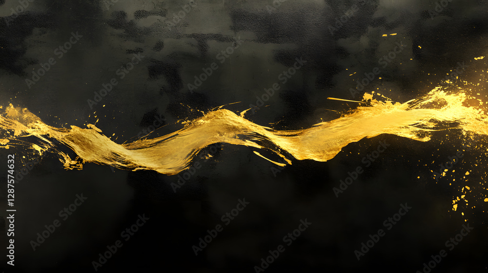 Poster gold paint splash on black background creating abstract artistic texture and design
