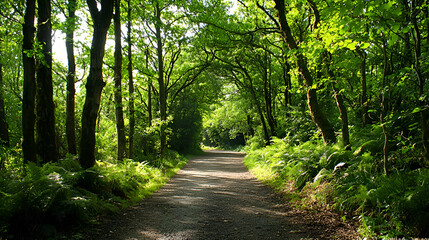 Sun Dappled Path Through Lush Green Forest