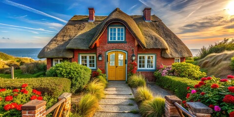Sylt Island Entrance, Thatched Roof House, Coastal Scene, Germany