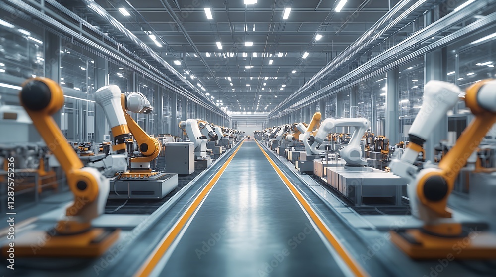 Poster automated production line featuring robotic arms in a modern factory