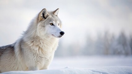 Obraz premium Arctic Canine in Winter Wonderland A Majestic Portrait of a White Wolf Resting Serene in a Snowy Landscape