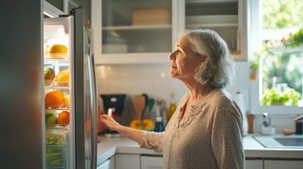 Dementia symptoms as a senior woman forgets to close the refrigerator door in the kitchen. Featuring absent-mindedness and worry