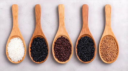 Five wooden spoons with various grains on gray background