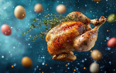 Floating roast chicken with crispy golden skin and fresh thyme on deep blue background Easter