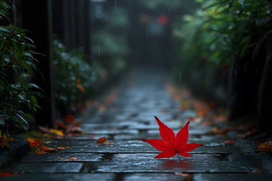 Red maple leaves on the bluestone path