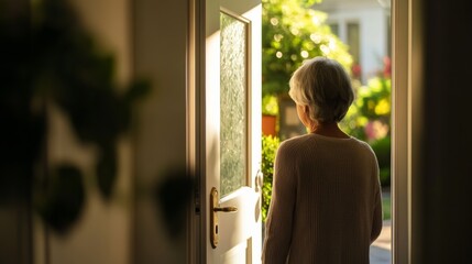 Dementia symptoms as a senior woman forgets to lock the front door after a walk. Featuring absent-mindedness and concern