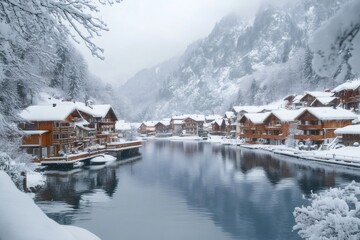 Fototapeta premium Wooden chalets reflecting on the lake during snowfall in Hallstatt, Austria