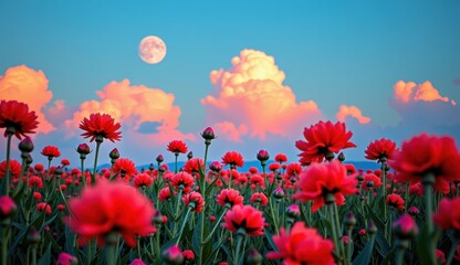 Fototapeta premium A vibrant field of dahlia-like flowers, rendered in warm shades of pink and orange, stretches towards a serene twilight sky.