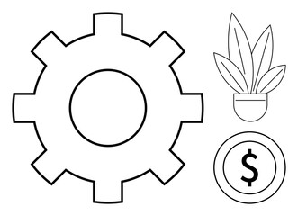 Gear cogwheel, potted plant, and dollar sign highlighting connections between productivity, organic growth, and financial stability. Ideal for business strategy, investment, innovation