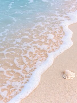 Serene beach scene with seashell and gentle waves on sandy shoreline