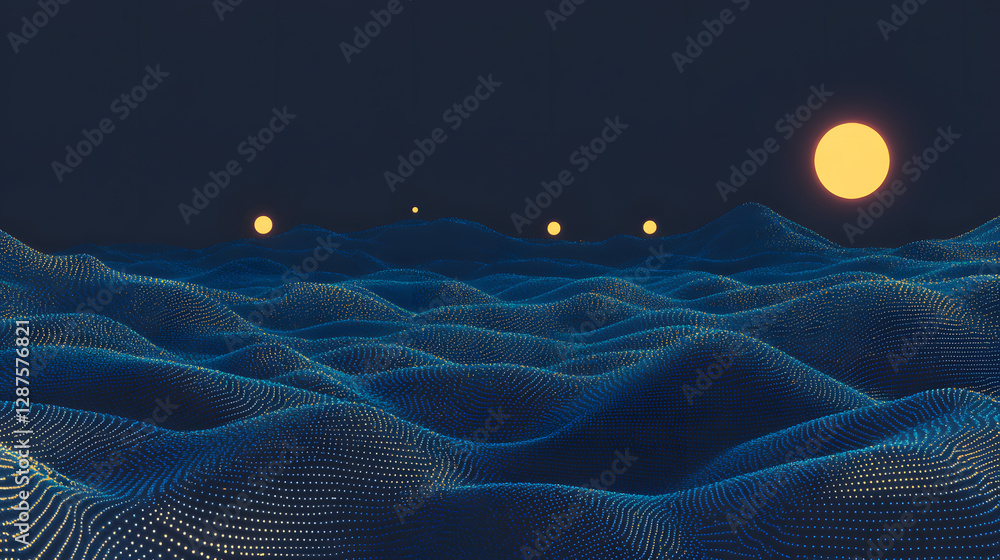 Poster computer screen displaying a blue wave pattern with a yellow moon in the background