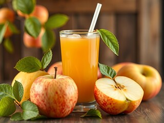 Fototapeta premium Fresh Apple Juice with Ripe Apples and Leaves Healthy Drink Concept