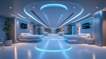 A state-of-the-art surgery center with a clean, futuristic design, digital patient monitoring systems, and AI integration