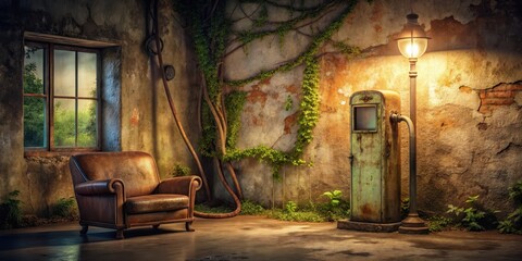 A Rustic Interior Scene with Vintage Chair, Old Gas Pump, and Wall Vines