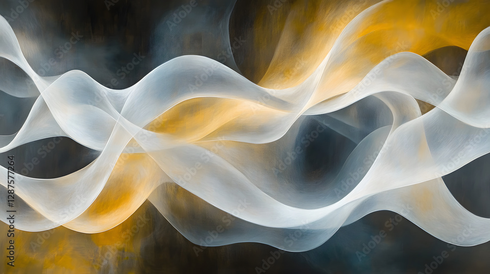 Poster painting of a dynamic wave in white and yellow colors with abstract style