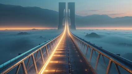 "A colossal, futuristic bridge extends into the horizon,