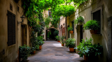Obraz premium Sunlit Alleyway with Lush Greenery and Stone Buildings