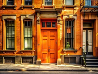Obraz premium Vibrant Orange Door on First Avenue, Urban Street Scene