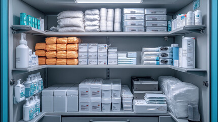 A sterilized hospital storage cabinet filled with neatly arranged syringes, bandages, and medical supplies