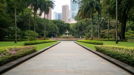 Naklejka premium City park walkway, fountain, lush greenery
