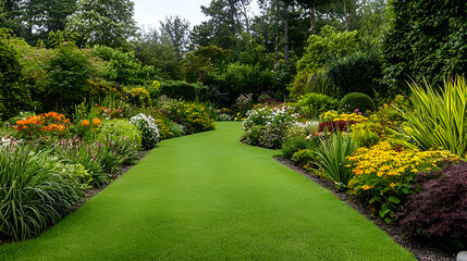 Obraz premium Lush Green Garden with Blooming Flowers and Grass Pathway