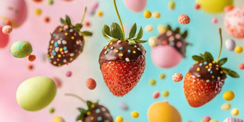 Flying chocolate-covered strawberries with Easter decor on colorful background