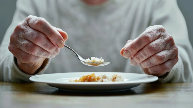 Dementia symptoms causing a senior to become confused while eating. Featuring loss of appetite and cognitive decline