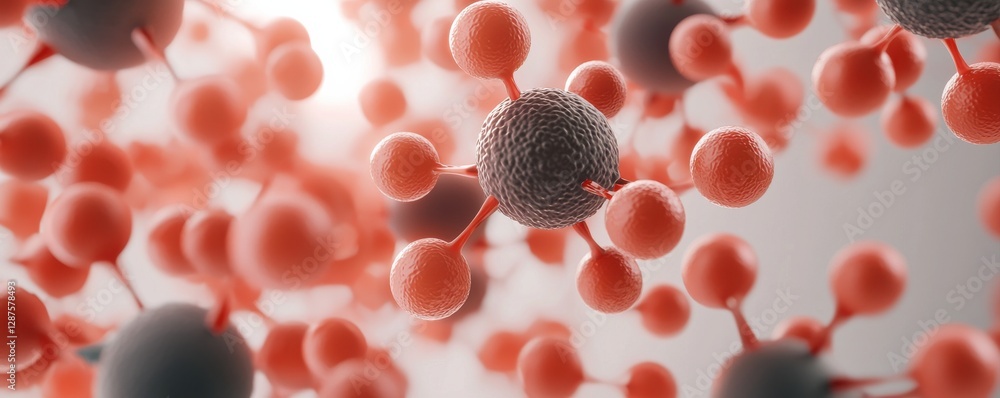 Poster a close-up view of molecular structures featuring red and gray spheres, representing atoms or molecu