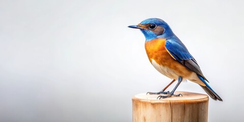 Fototapeta premium Vibrant Blue and Orange Bird Perched Atop a Small Wooden Stump Against a Plain White Background