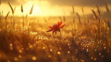 Sunrise flower meadow, dew drops, golden light