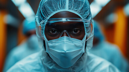 A team of surgeons in full protective gear working under bright operating room lights, performing complex surgery
