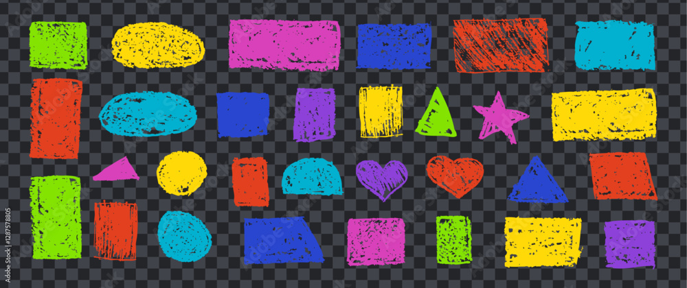 Poster set of abstract geometric basic shapes drawn with colored charcoal. hand drawn paint quote frame col