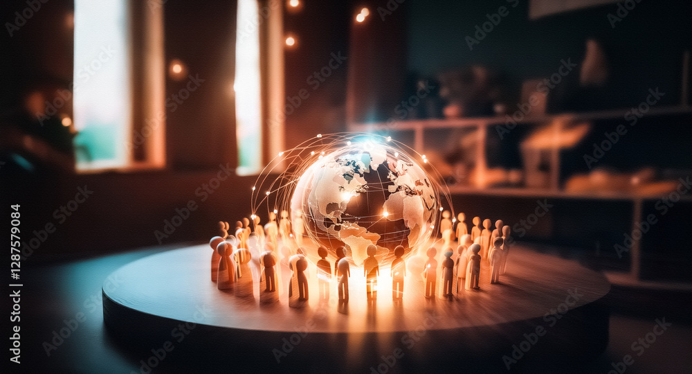 Poster A glowing network connects a globe encircled by wooden figures on a round platform in a softly lit room. Connectivity concept visualized.