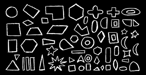 Set of basic geometric shapes. Circle, square, rectangle, triangle and other polygons drawn with charcoal. Collection of outlines geometric symbols for school written by children. Vector illustration.