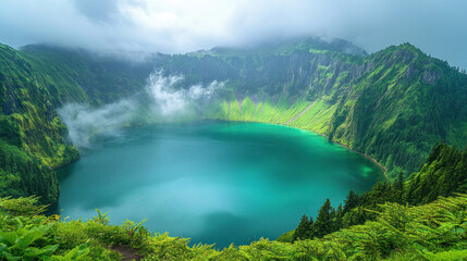 A volcanic crater lake with emerald green water, dramatic clouds above