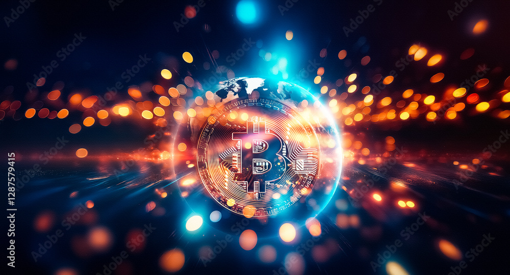 Aufkleber a bitcoin symbol is centered in a glowing globe, radiating orange and blue light on a dark backgroun