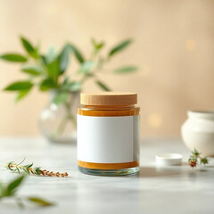 Dreamlike, surreal imagery with a blurred bokeh effect depicting a 3D minimalist skincare jar mockup with a blank label made from recycled glass and bamboo.