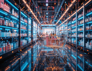 Fototapeta premium A futuristic digital marketplace with real-time global transactions and a glowing shopping cart concept visualizing seamless online purchases.