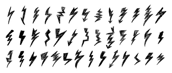 Set of lightning by wax pen drawing. Collection of handdrawing chalk , light flash signs, Doodle thunder bolts, black color design elements. Graffiti style weather symbols. Vector illustration
