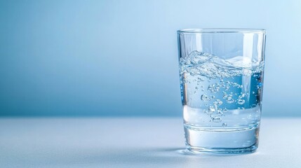 Clear glass of water on a light blue surface