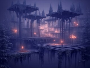 Naklejka premium A mystical landscape featuring floating platforms adorned with trees and glowing lights, shrouded in mist and darkness.