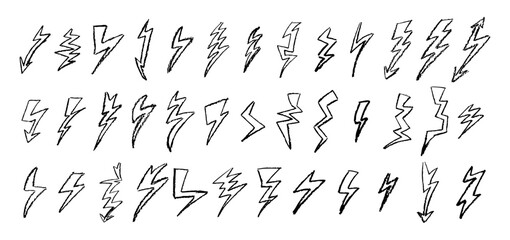 Set of lightning by wax pencil drawing. Collection of handdrawing chalk , light flash signs, Doodle thunderbolts, black color stroke outline design elements. Graffiti style weather symbols. Vector
