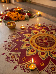 chinese new year decorations, Elegant Diwali background featuring an intricate mandala pattern in vibrant shades of gold and deep red, embellished with glowing oil lamps and floral motifs. Oriental fe
