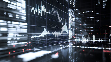 Digital 3D Stock Market Analysis in  with Growth Charts and Financial Investment Data