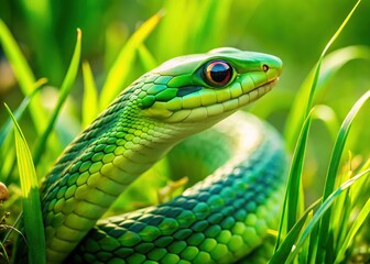 Fototapeta premium Young Snake in Lush Green Meadow â€“ Close Up Stock Photo