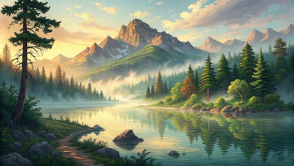 A serene lakeside view reflecting towering mountains, morning mist, and vibrant green trees under a warm golden glow.