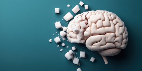 brain made entirely of sugar, with parts crumbling away, visually representing the negative impact of excessive sugar consumption on cognitive health