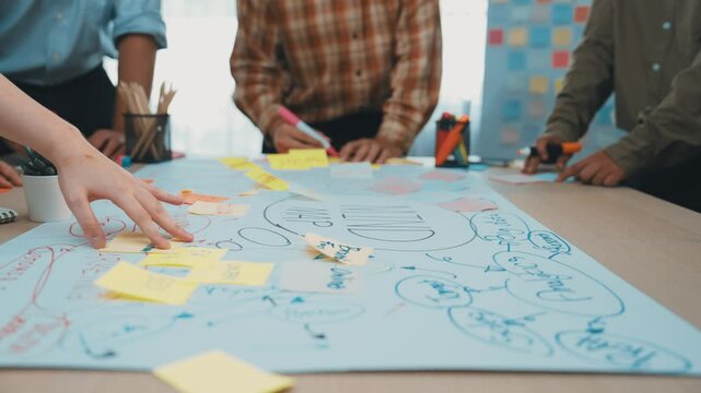 A vibrant brainstorming session captures a team engaging with sticky notes and markers to generate innovative ideas and strategies in a collaborative office environment. SACTR