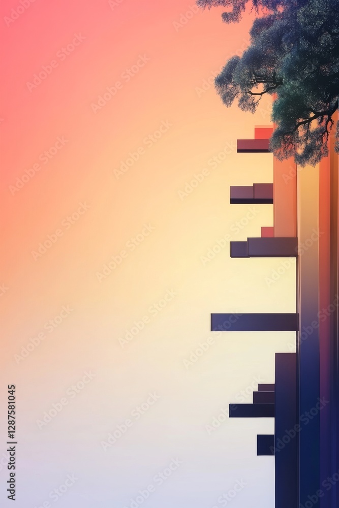 Poster a vibrant sunset scene depicting modern architecture with geometric shapes and a touch of nature, cr